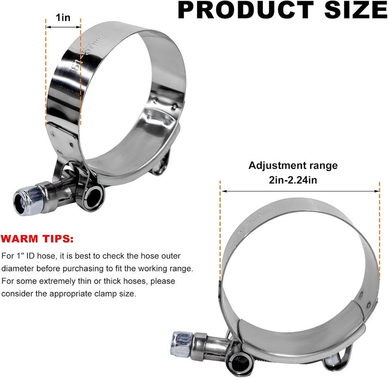 Wevdn 4PCS 1.75" T-Bolt Hose Clamp, Stainless Steel Tube Clamp with 51mm-57mm ID Range, Heavy-Duty Adjustable T-Bolt Turbo Intake Clamp for 1.75" Hose ID, Radiator Hose Clamp - Image 2